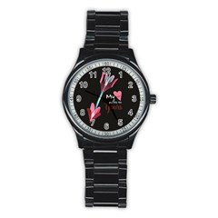 My Heart Points To Yours / Pink And Blue Cupid s Arrows (black) Stainless Steel Round Watch by FashionFling