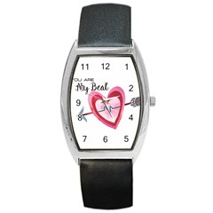 You Are My Beat / Pink And Teal Hearts Pattern (white)  Barrel Style Metal Watch