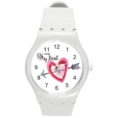 You Are My Beat / Pink And Teal Hearts Pattern (white)  Round Plastic Sport Watch (m) by FashionFling