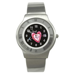 You Are My Beat / Pink And Teal Hearts Pattern (black)  Stainless Steel Watch by FashionFling