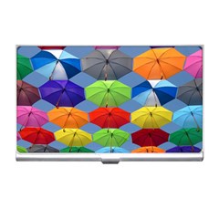 Color Umbrella Blue Sky Red Pink Grey And Green Folding Umbrella Painting Business Card Holders by Nexatart