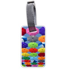 Color Umbrella Blue Sky Red Pink Grey And Green Folding Umbrella Painting Luggage Tags (one Side)  by Nexatart