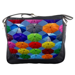 Color Umbrella Blue Sky Red Pink Grey And Green Folding Umbrella Painting Messenger Bags by Nexatart