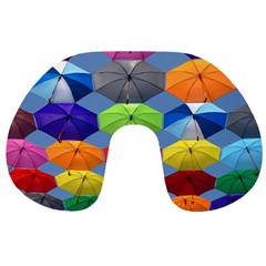 Color Umbrella Blue Sky Red Pink Grey And Green Folding Umbrella Painting Travel Neck Pillows by Nexatart