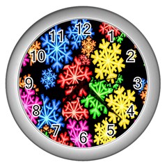 Colourful Snowflake Wallpaper Pattern Wall Clocks (silver)  by Nexatart