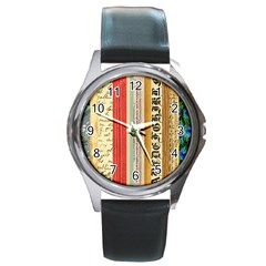 Digitally Created Collage Pattern Made Up Of Patterned Stripes Round Metal Watch