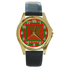 Fabric 3d Merry Christmas Round Gold Metal Watch by Nexatart