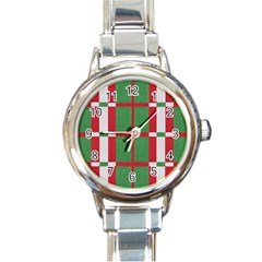 Fabric Green Grey Red Pattern Round Italian Charm Watch by Nexatart