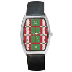 Fabric Green Grey Red Pattern Barrel Style Metal Watch by Nexatart