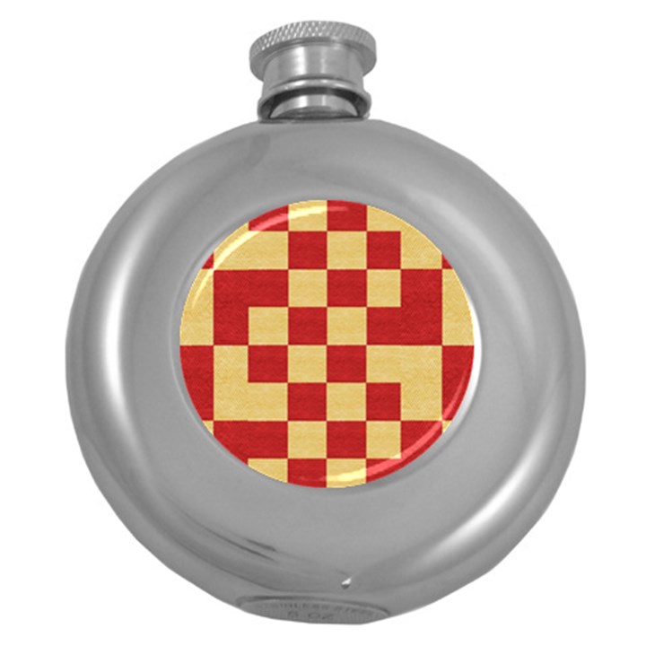 Fabric Geometric Red Gold Block Round Hip Flask (5 oz)