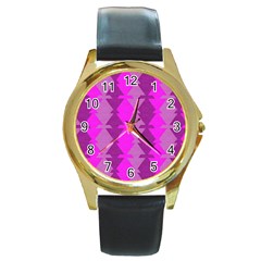 Fabric Textile Design Purple Pink Round Gold Metal Watch by Nexatart