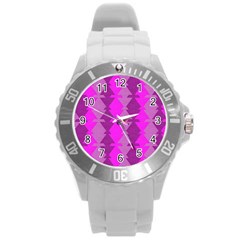 Fabric Textile Design Purple Pink Round Plastic Sport Watch (l)