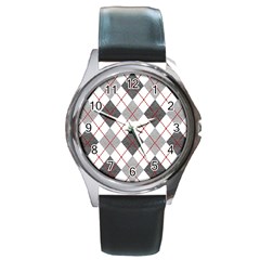 Fabric Texture Argyle Design Grey Round Metal Watch by Nexatart