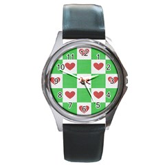 Fabric Texture Hearts Checkerboard Round Metal Watch by Nexatart