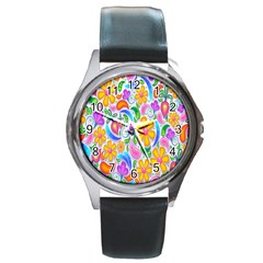 Floral Paisley Background Flower Round Metal Watch by Nexatart