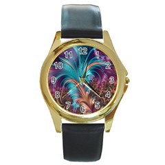 Feather Fractal Artistic Design Round Gold Metal Watch