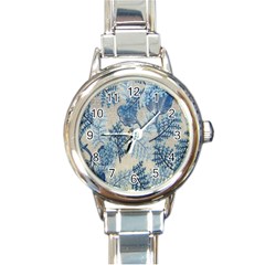 Flowers Blue Patterns Fabric Round Italian Charm Watch by Nexatart