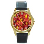 Flowers Nature Plants Autumn Affix Round Gold Metal Watch Front