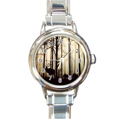 Forest Fog Hirsch Wild Boars Round Italian Charm Watch by Nexatart