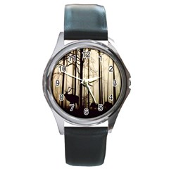 Forest Fog Hirsch Wild Boars Round Metal Watch by Nexatart