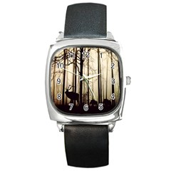 Forest Fog Hirsch Wild Boars Square Metal Watch by Nexatart