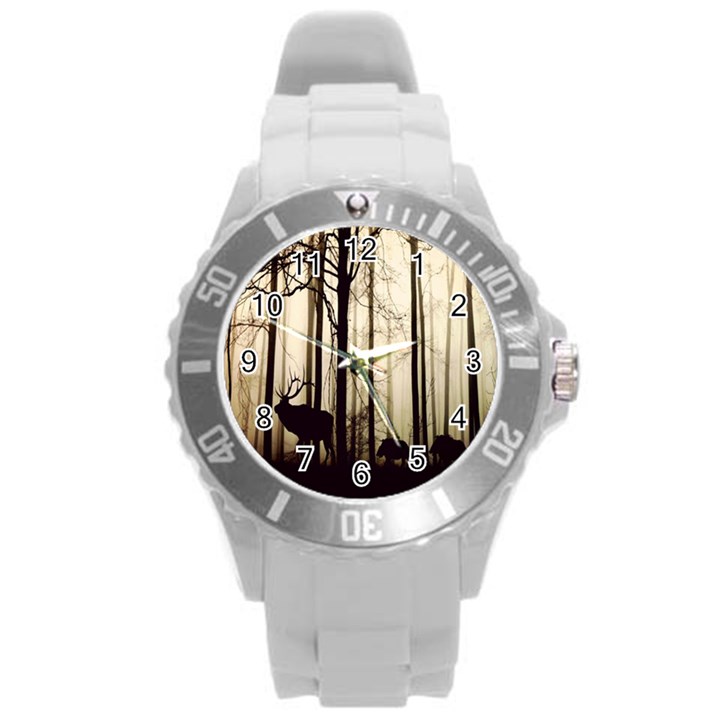 Forest Fog Hirsch Wild Boars Round Plastic Sport Watch (L)