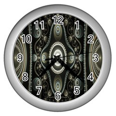 Fractal Beige Blue Abstract Wall Clocks (silver)  by Nexatart