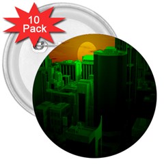 Green Building City Night 3  Buttons (10 Pack) 