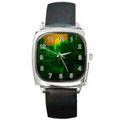 Green Building City Night Square Metal Watch