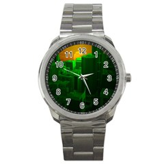 Green Building City Night Sport Metal Watch by Nexatart