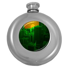 Green Building City Night Round Hip Flask (5 Oz) by Nexatart