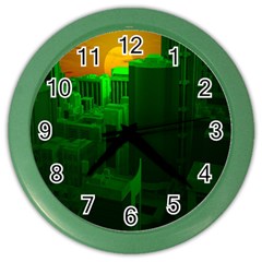 Green Building City Night Color Wall Clocks by Nexatart