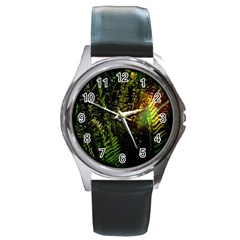 Green Leaves Psychedelic Paint Round Metal Watch