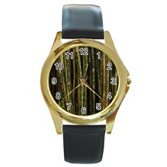 Green And Brown Bamboo Trees Round Gold Metal Watch by Nexatart