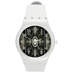 Fractal Beige Blue Abstract Round Plastic Sport Watch (M)