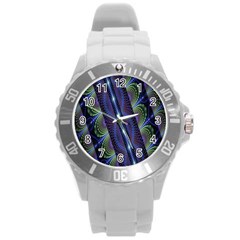 Fractal Blue Lines Colorful Round Plastic Sport Watch (L)