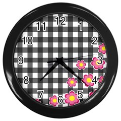 Floral Plaid Pattern Wall Clocks (black) by Valentinaart