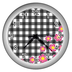 Floral Plaid Pattern Wall Clocks (silver)  by Valentinaart