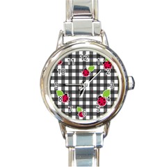 Ladybugs Plaid Pattern Round Italian Charm Watch by Valentinaart