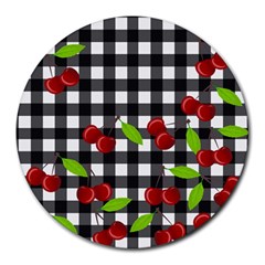 Cherries Plaid Pattern  Round Mousepads by Valentinaart