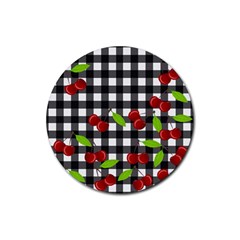 Cherries Plaid Pattern  Rubber Coaster (round)  by Valentinaart