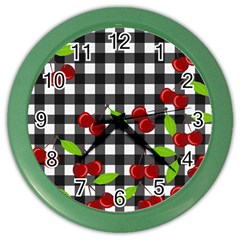 Cherries Plaid Pattern  Color Wall Clocks by Valentinaart