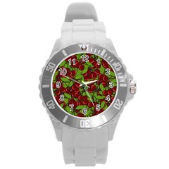 Cherry Jammy Pattern Round Plastic Sport Watch (l) by Valentinaart