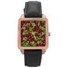 Cherry Jammy Pattern Rose Gold Leather Watch  by Valentinaart