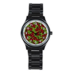 Cherry Jammy Pattern Stainless Steel Round Watch by Valentinaart