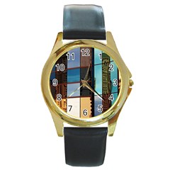 Glass Facade Colorful Architecture Round Gold Metal Watch by Nexatart