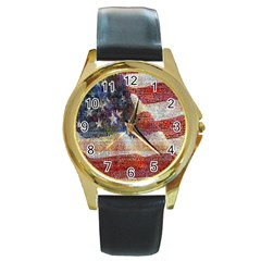 Grunge United State Of Art Flag Round Gold Metal Watch by Nexatart