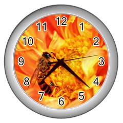 Honey Bee Takes Nectar Wall Clocks (silver)  by Nexatart