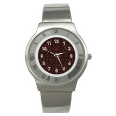 Leaf Pattern Green Wallpaper Tea Leather Stainless Steel Watch by Nexatart