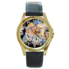 Landscape Sunset Sky Summer Round Gold Metal Watch